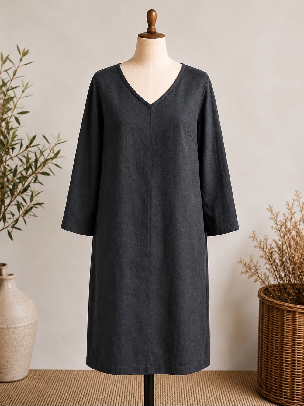 Flax 100 % Linen Charcoal V-Neck Shift Dress
